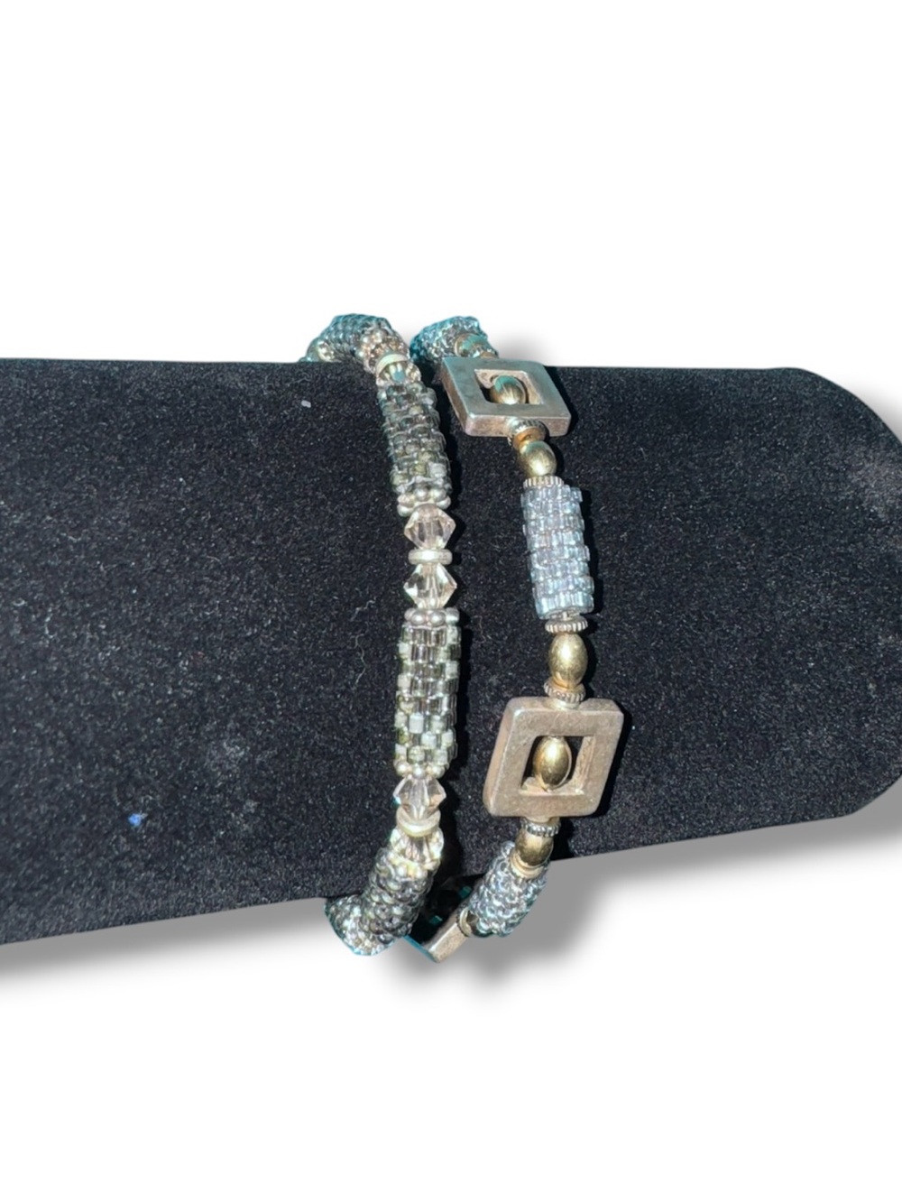 Vintage Y2K Industrial Beaded Bracelet Set Gold Silver Tone Geometric Pair